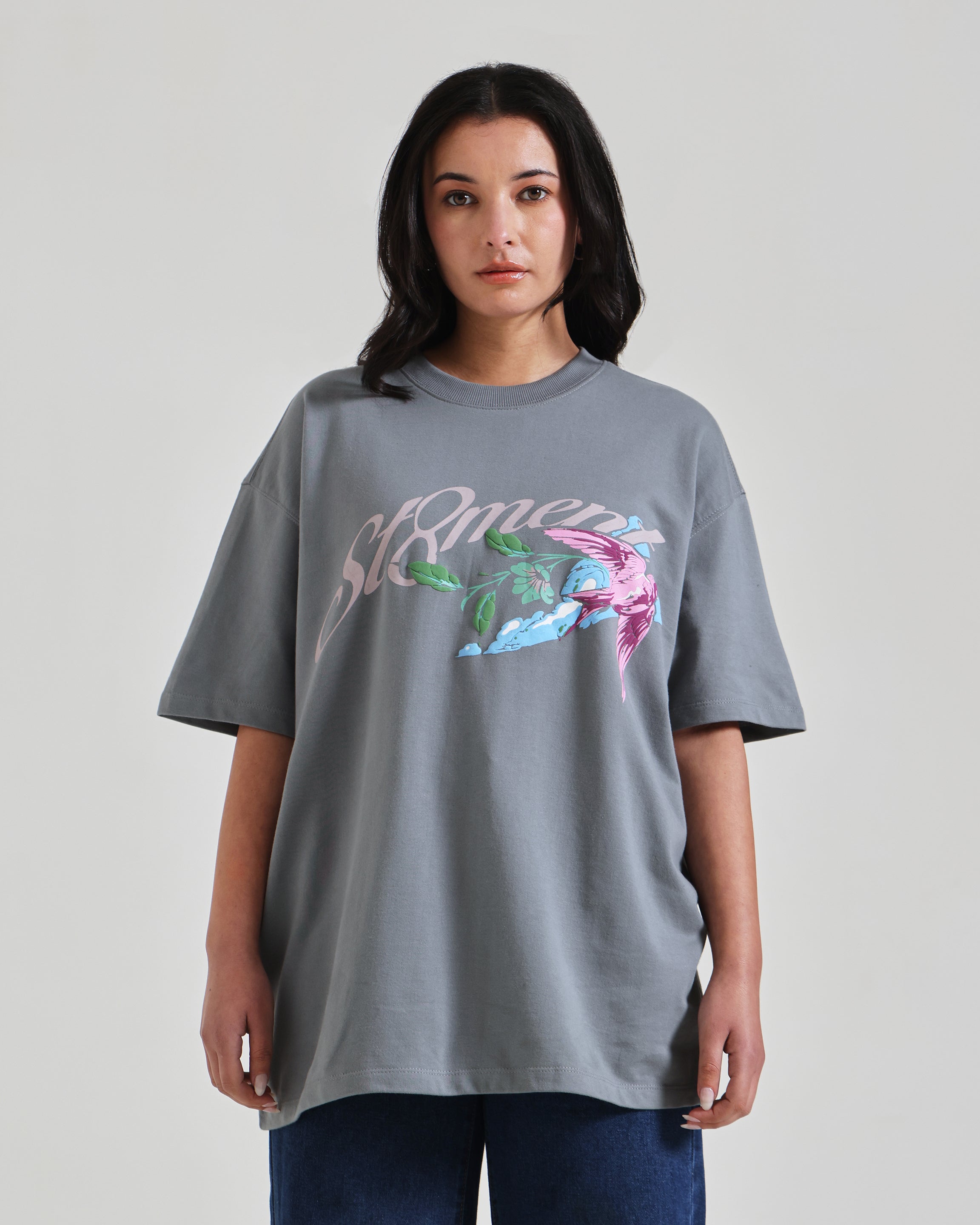 Grey oversized bird moon tshirt