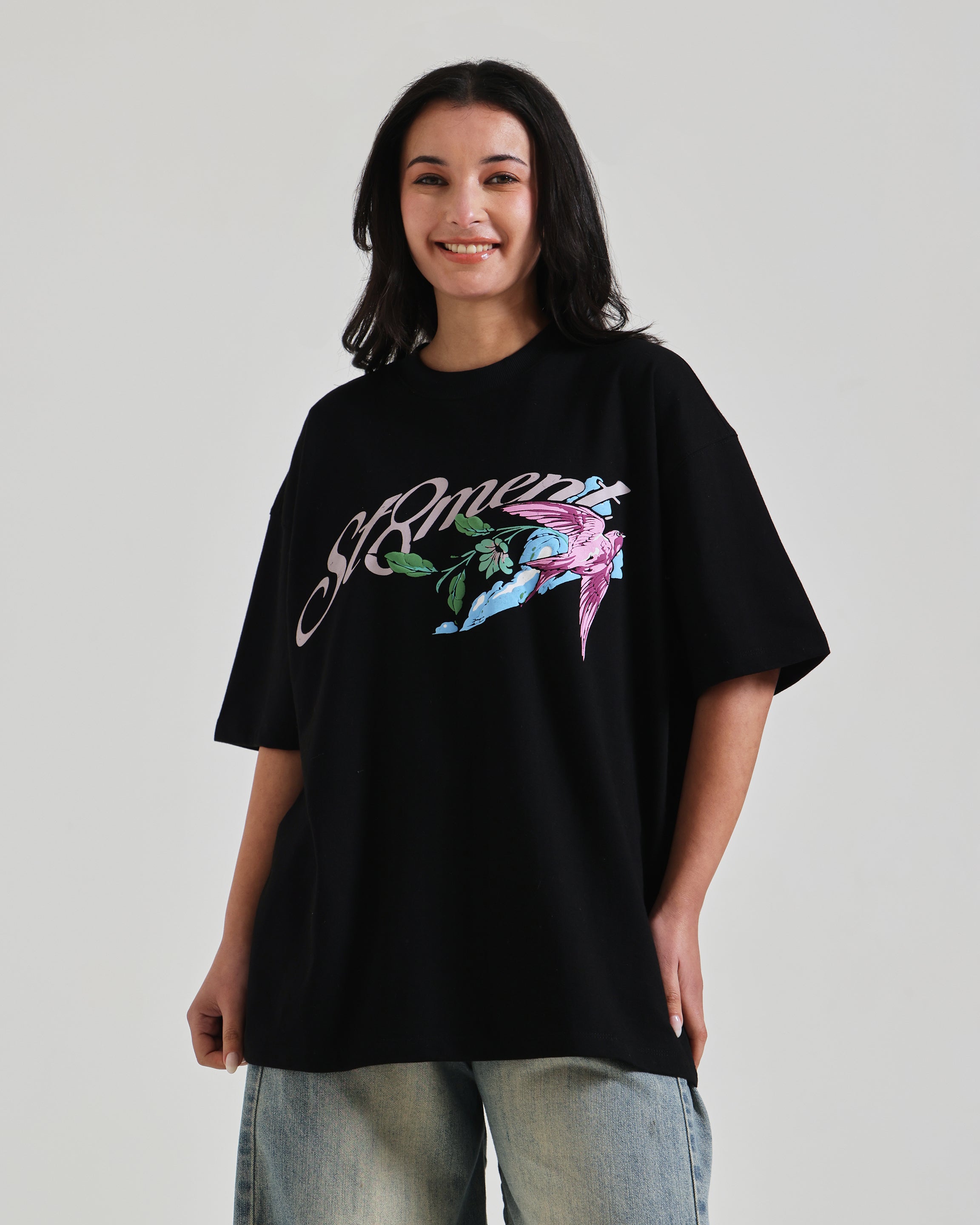 Black oversized Bird moon t-shirts