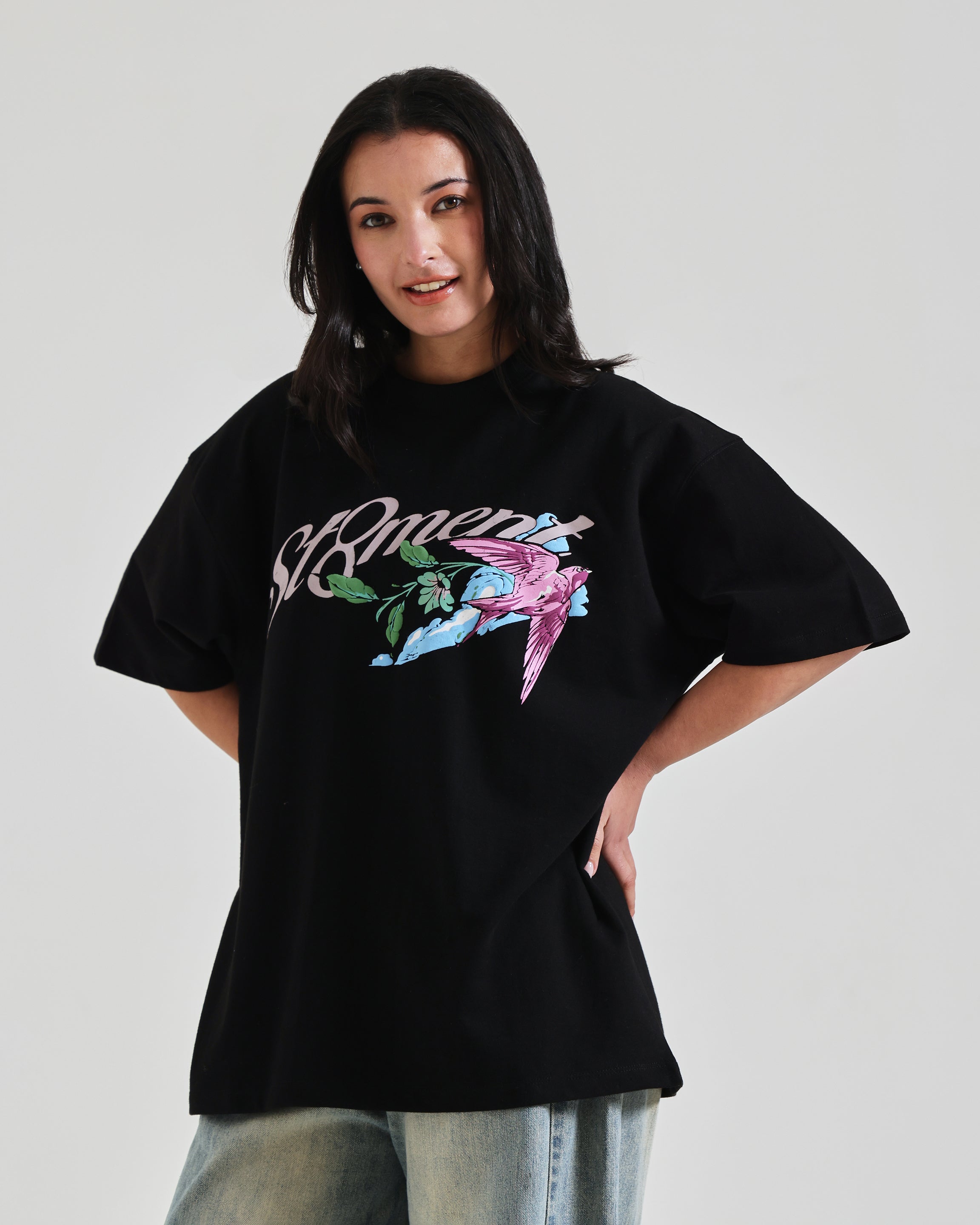 Black oversized Bird moon t-shirts