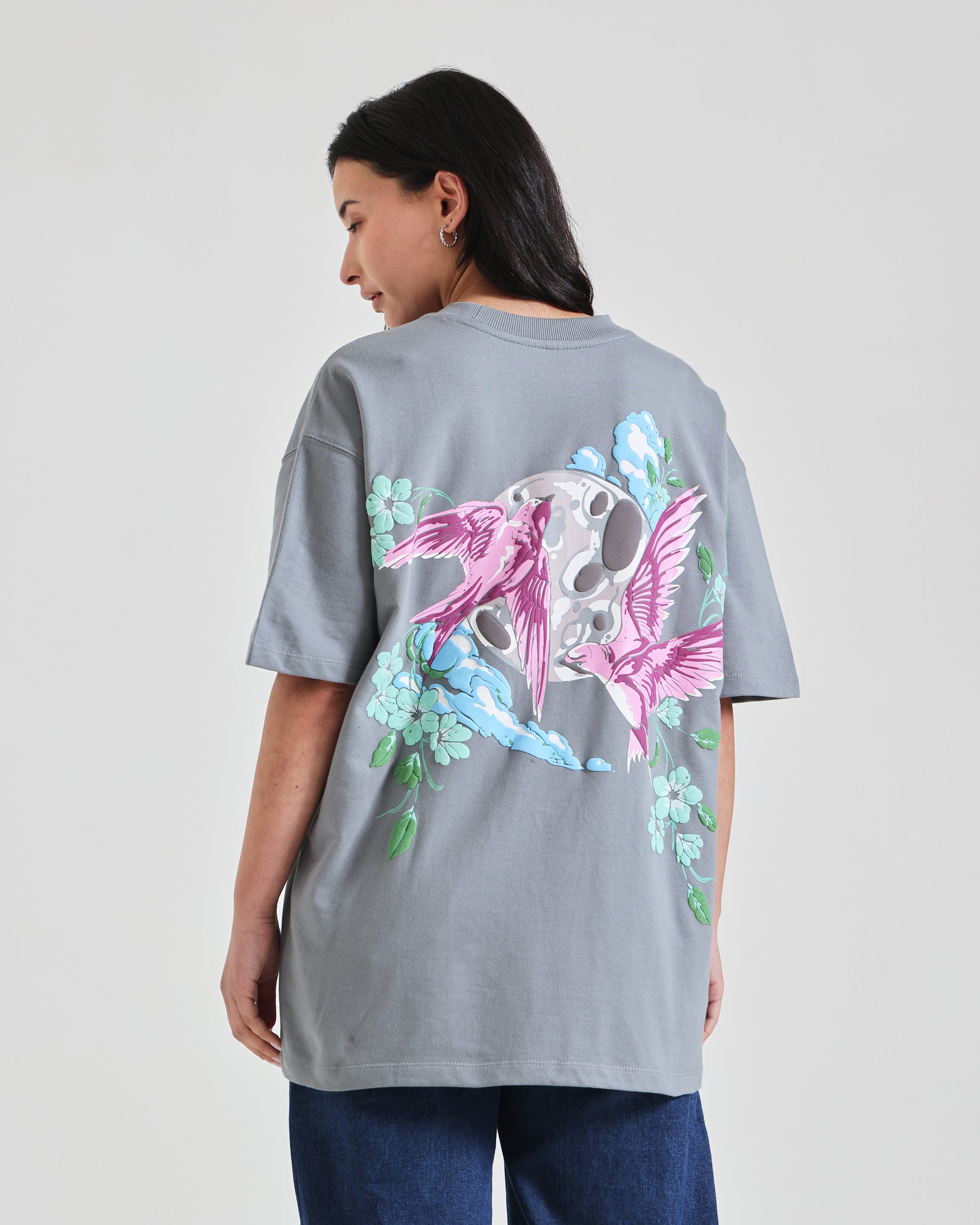 Grey oversized  bird moon tshirt